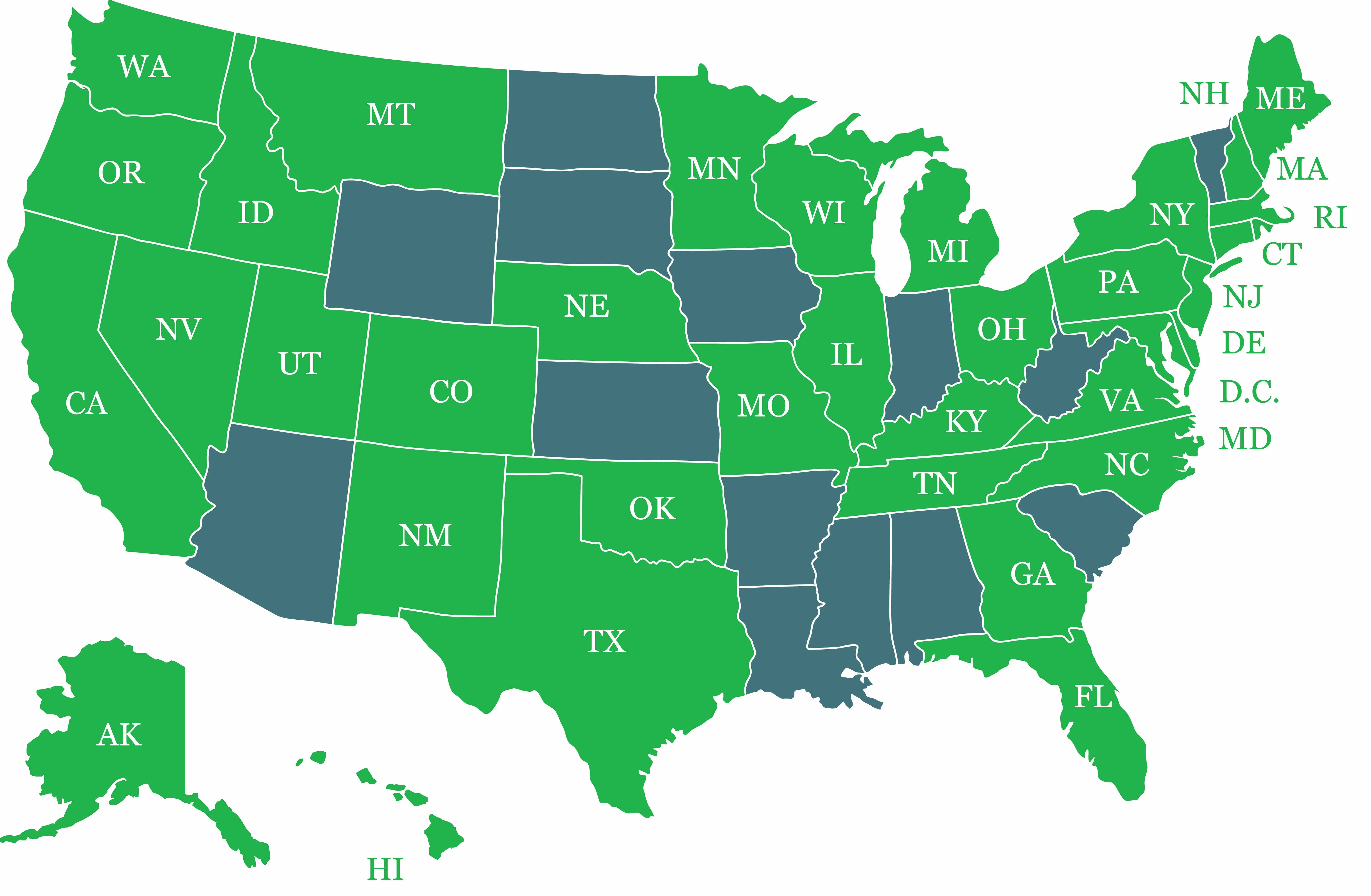 C-PACE Eligibility Map June 2024 All States Green with State Abbvreviations